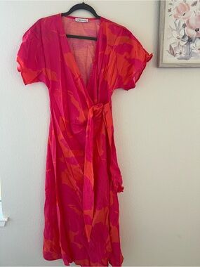 Women's Fuchsia & Coral Midi Wrap Dress - Elegant Floral Print
